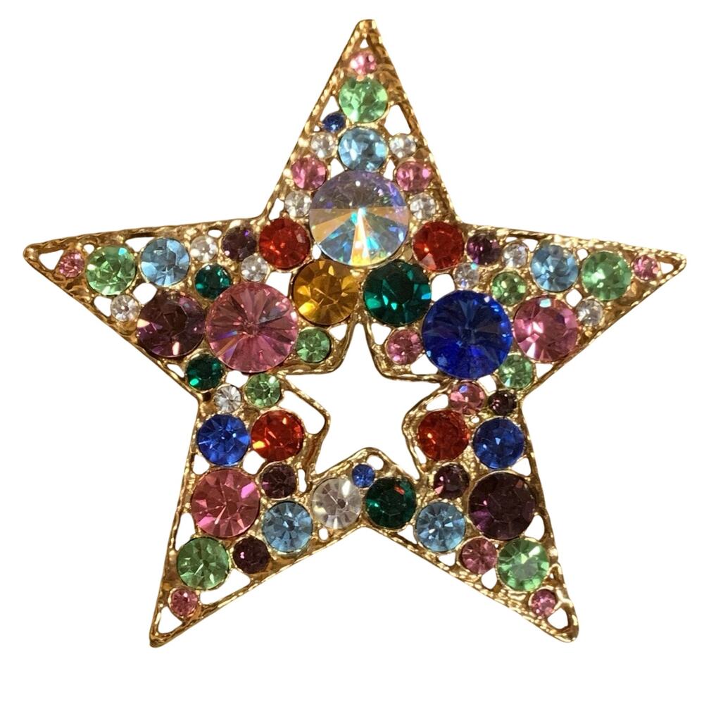 EISENBERG ICE Brooch Vintage Multi Color Rhinestone Large Gold Star